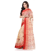 dB DESH BIDESH Women`s Traditional Bengal Phulkoli Woven Design Pure Handloom Cotton Saree Without Blouse Piece White Red