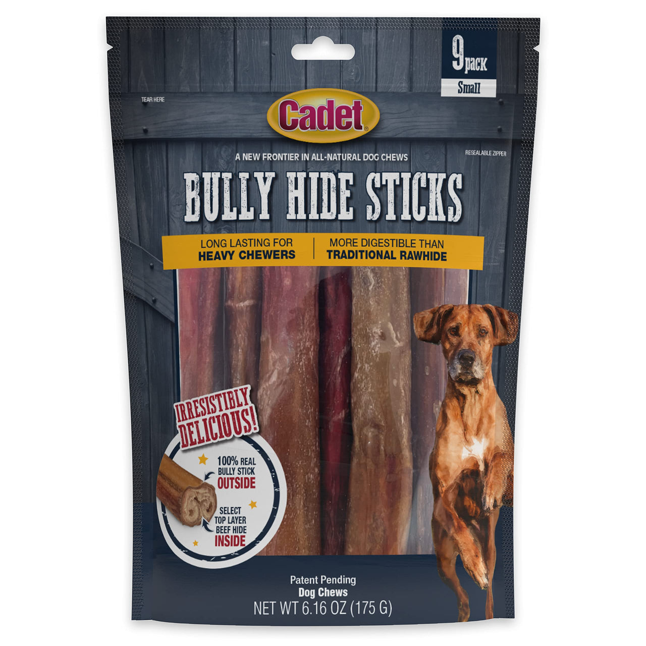 Cadet Bully Hide Sticks for Small, Medium and Large Dogs – All-Natural Beef Pizzle, High Protein, Low Fat, Long-Lasting, Grain & Rawhide-Free Dog Chews for Aggressive Chewers, Small (9 Count) Small (9 Pack)