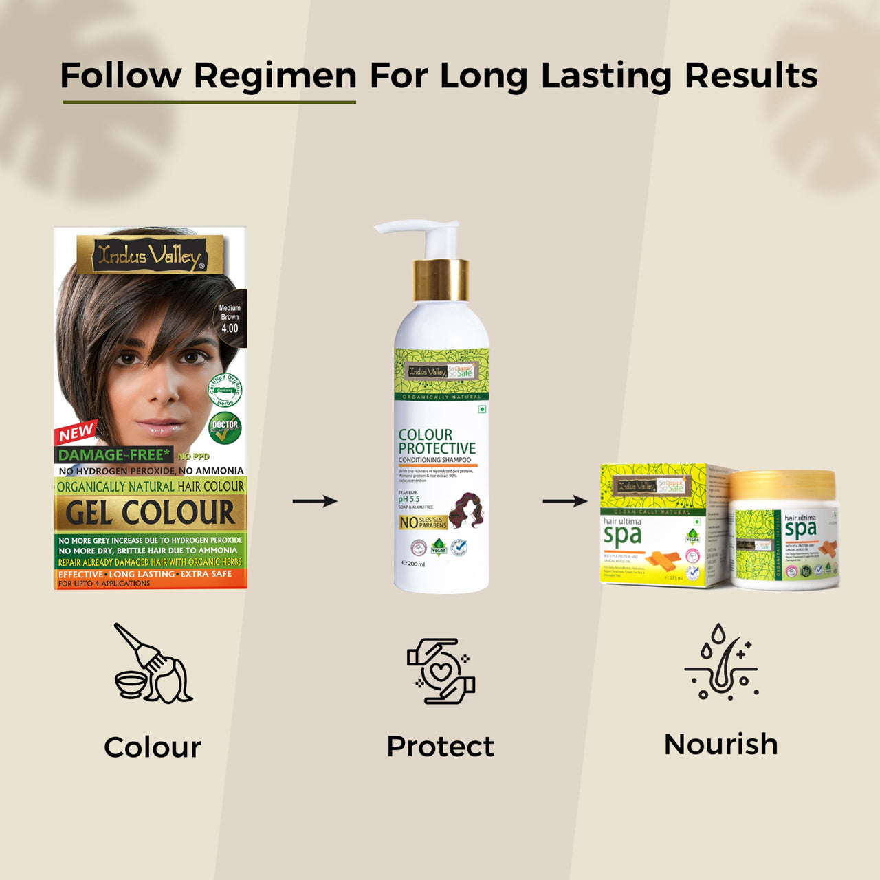 INDUS VALLEY Natural Damage Free Gel Colour Medium Brown With Colour Protection Shampoo (200 ml) + Hair Ultima Spa (175 ml)