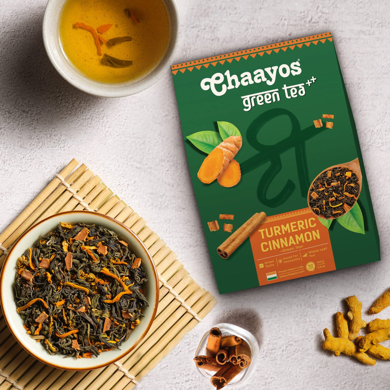Chaayos Turmeric Cinnamon Green Tea | Turmeric Cinnamon Tea | Whole Leaf Loose Tea | Immunity Boosting - 100g [50 Cups] | Antioxidant Green Tea | Green Tea