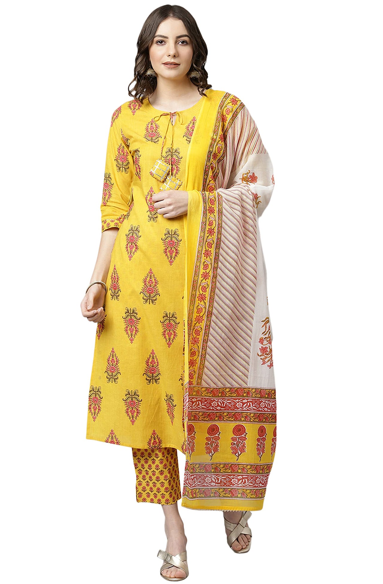 Janasya Women's  Yellow Cotton Kurta with Pant and Dupatta