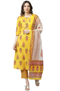 Janasya Women's  Yellow Cotton Kurta with Pant and Dupatta
