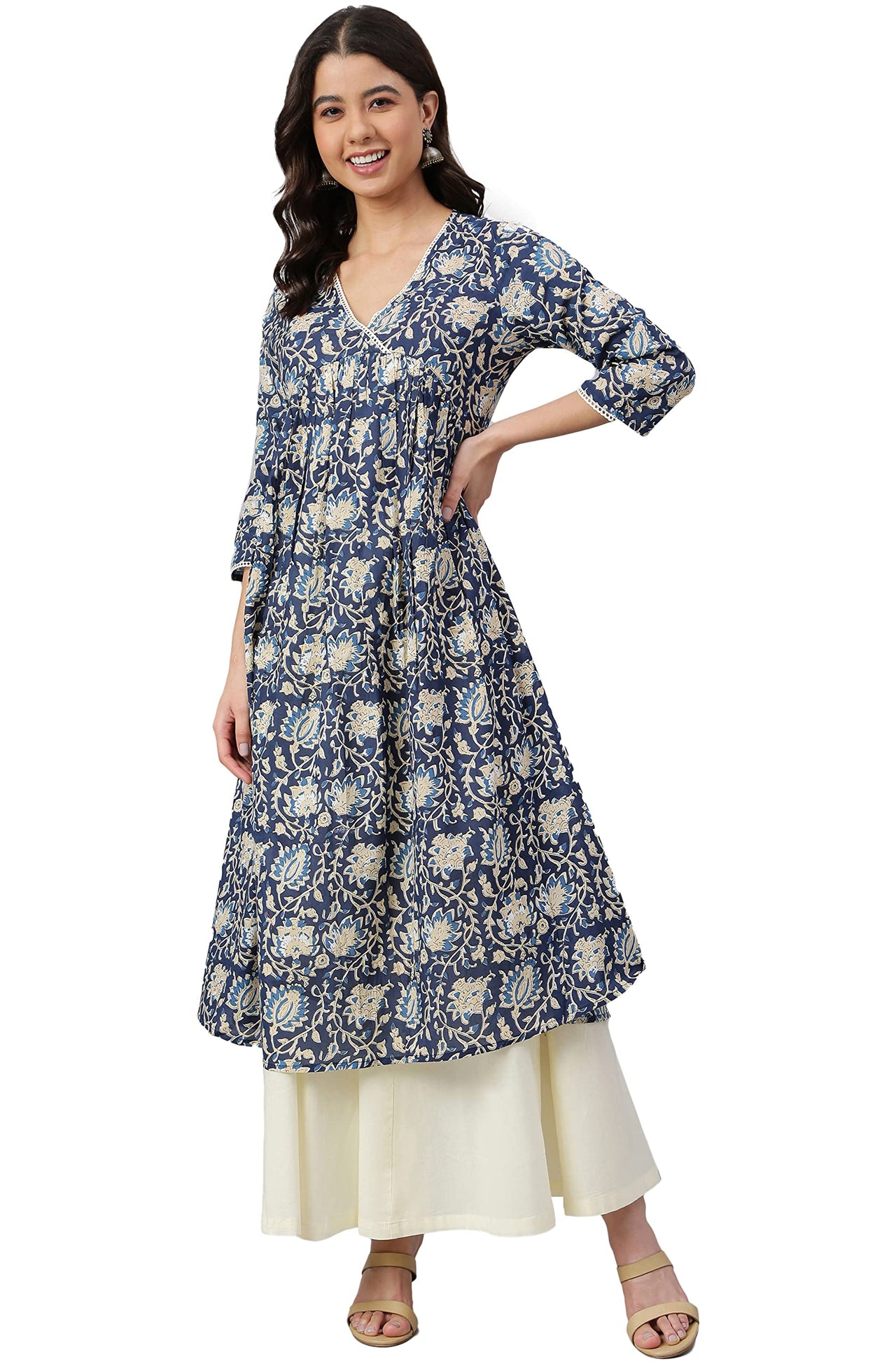 Janasya Women's  Navy Blue Cotton Floral Print Flared Kurta