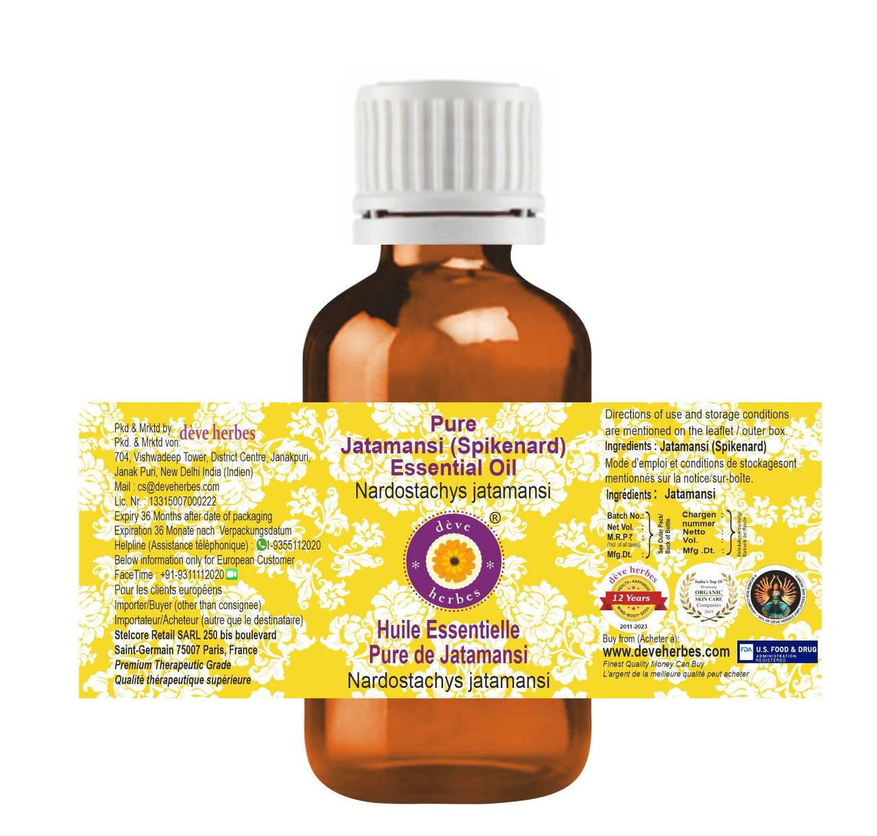 Deve Herbes Pure Jatamansi (Spikenard) Essential Oil (Nardostachys jatamansi) Steam Distilled 2ml