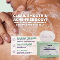 Sanfe Dark Spots & Acne Clearing Body Soap | Prevents Body Acne, Bumpy Skin & Fades Dark Spots | Salicylic Acid 2% W/W, Benzoyl Peroxide | Non Drying Formula (Pack of 1)