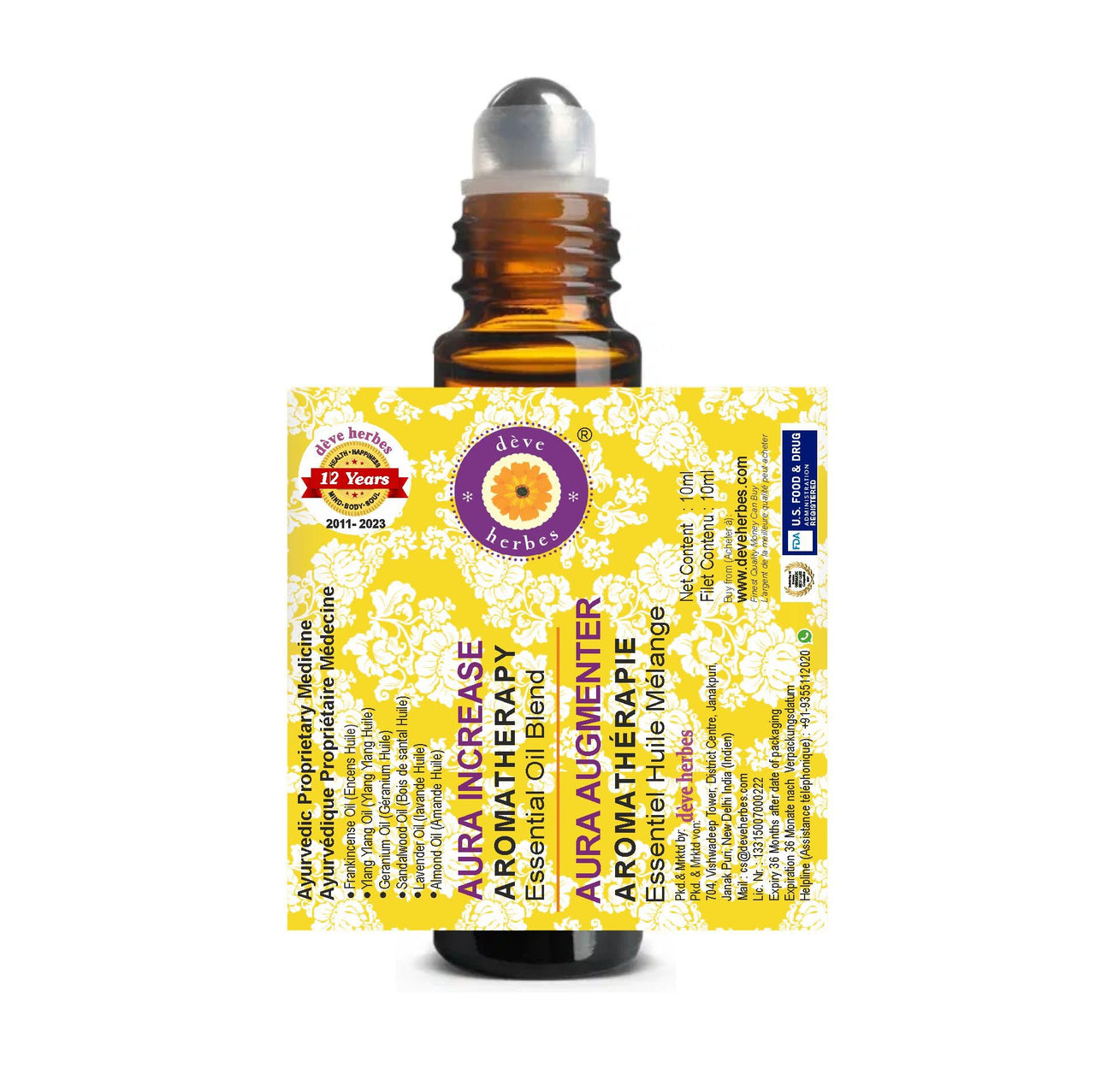 Deve Herbes AURA INCREASE - Aromatherapy Essential Oil Blend of Frankincense, Ylang Ylang, Geranium, Sandalwood & Lavender Essential Oils 10ml