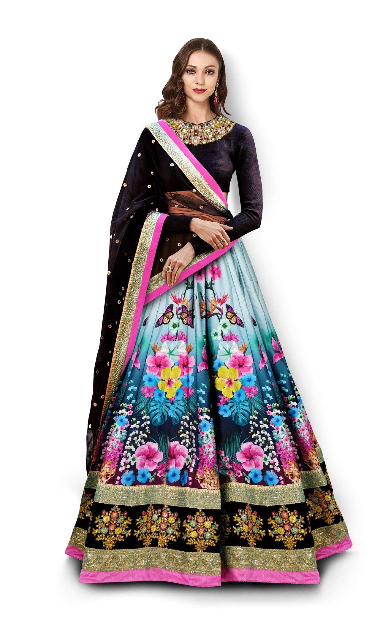 Zeel Clothing Women's  Velvet & Silk Semi stitched Lehenga Choli (7005-ZC_Black_Free Size)