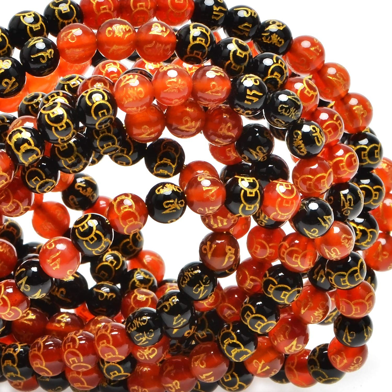 100Pcs Natural Crystal Beads Stone Gemstone Round Loose Energy Healing Beads with Free Crystal Stretch Cord for Jewelry Making (Craved Bronze Coin Mantra Red Black Agate, 6MM) Craved Bronze Coin Mantra Red Black Agate