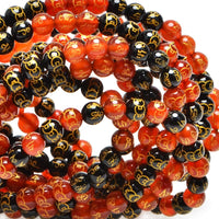 100Pcs Natural Crystal Beads Stone Gemstone Round Loose Energy Healing Beads with Free Crystal Stretch Cord for Jewelry Making (Craved Bronze Coin Mantra Red Black Agate, 6MM) Craved Bronze Coin Mantra Red Black Agate