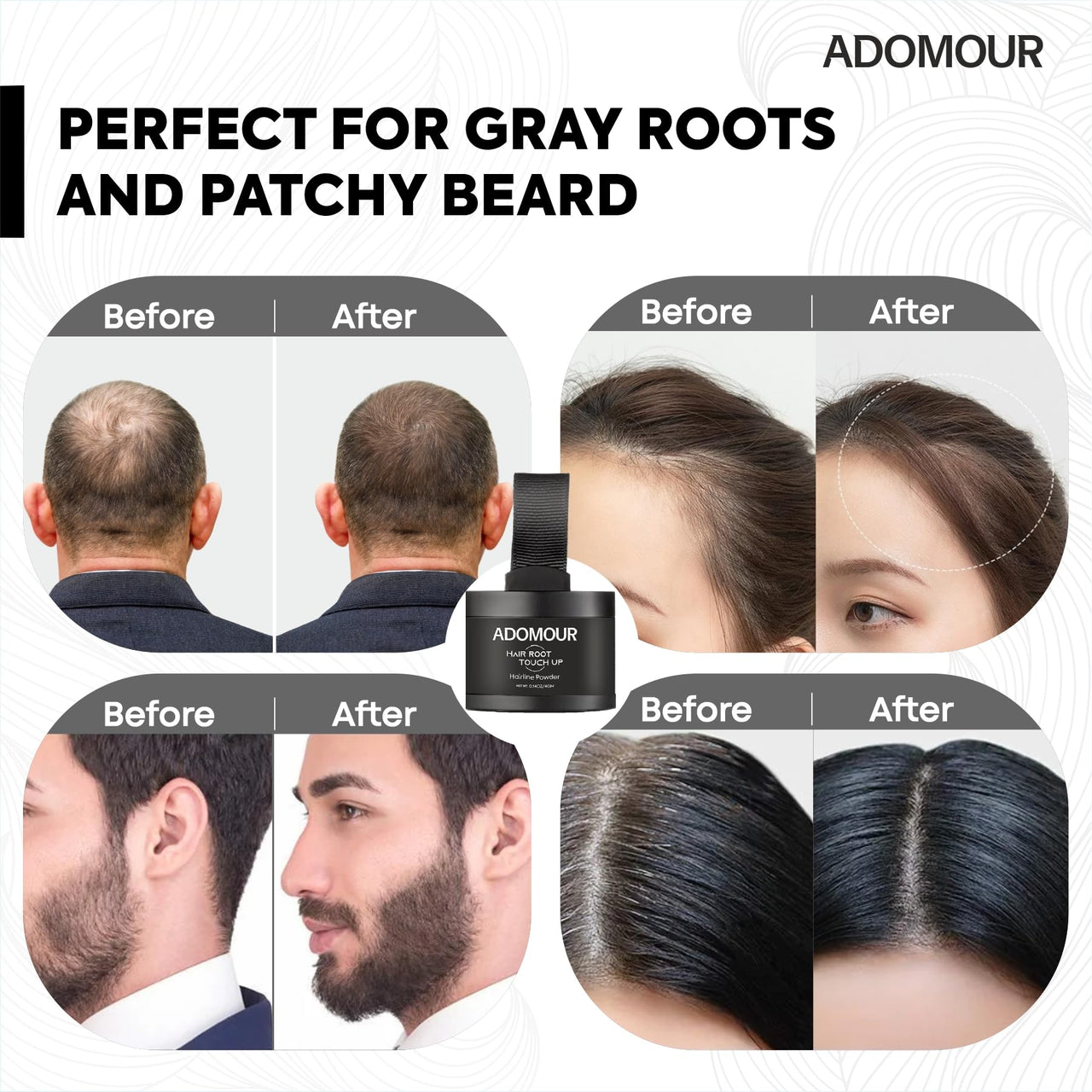 ADOMOUR Root Touchup Powder Black 4g | Covers Hairline, Grey Roots & Bald Spots Instantly | Sweat & Stain Resistant 24HR Formula | Long Lasting & Natural Finish | Cover Up Hair Powder for Men & Women