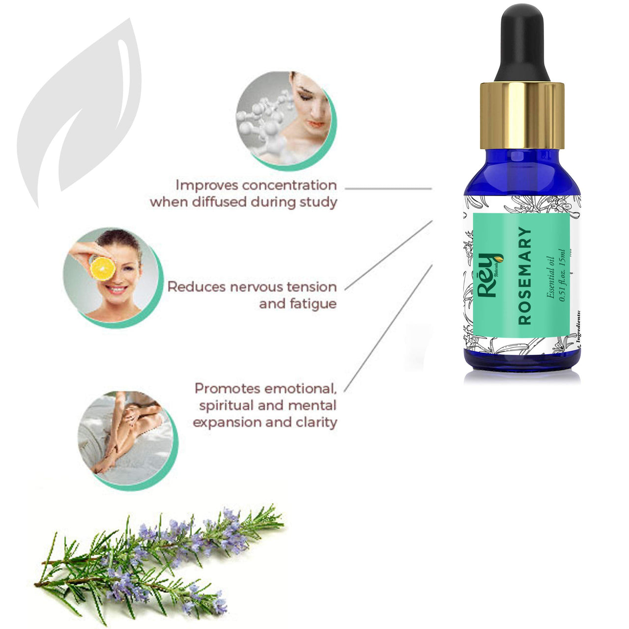 Rey Naturals Pure Lavender Essential Oil & Rosemary Oil For Hair Growth, Aromapathy, Stress & Pain Relief | Essential Oil For Hair, Face & Skin | Suitable For Diffuser | For Men And Women - 15 * 3