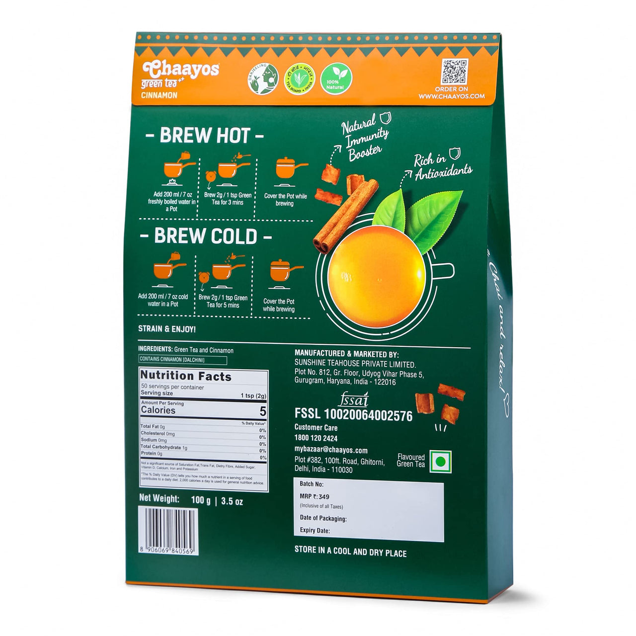 Chaayos Cinnamon Green Tea|Cinnamon Tea|Whole Leaf Loose Tea|Immunity Boosting - 100Gram [50 Cups]|Antioxidant Green Tea|Green Tea