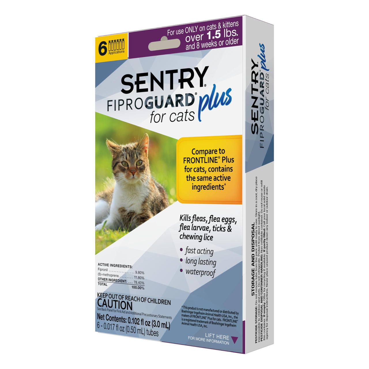 SENTRY Fiproguard Plus Flea and Tick Topical for Cats, 1.5 lbs and Over, 6 Month Supply