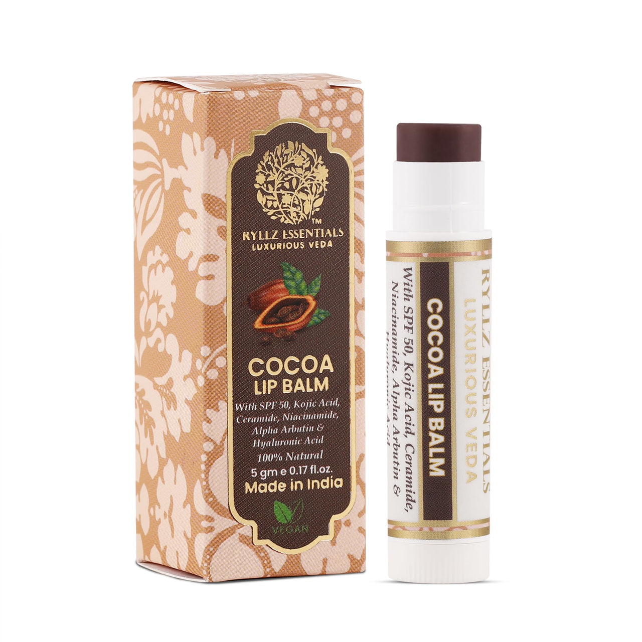 RYLLZ ESSENTIALS Cocoa Lip Balm | SPF 50 PA+++ | With Shea Butter, Kojic Acid, Ceramide, Niacinamide, Alpha Arbutin & Hyaluronic Acid | Brown Tint | For Lip Lightening & Moisturized Lips | 5 Gm