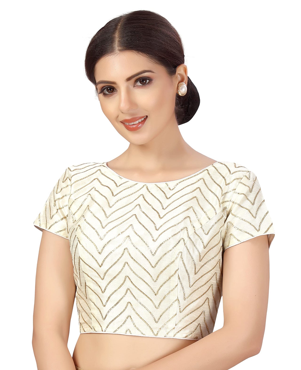 X3 Women's  Polyester Short Sleeves Golden Gota Embroidery Saree Blouse