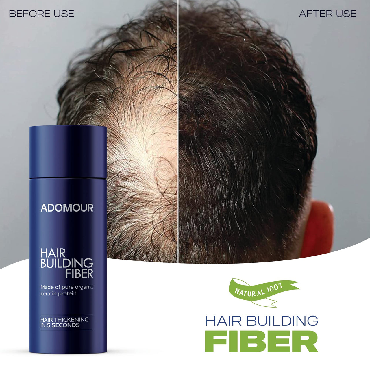 Adomour Hair Building Fiber 27.5g | Keratin Fibers for Thin, Fine & Thinning Hairs | Natural Coverage | Instant Thickening & Volumizing | Bald Spot Cover Up Hair Fiber Powder for Men & Women (Black)