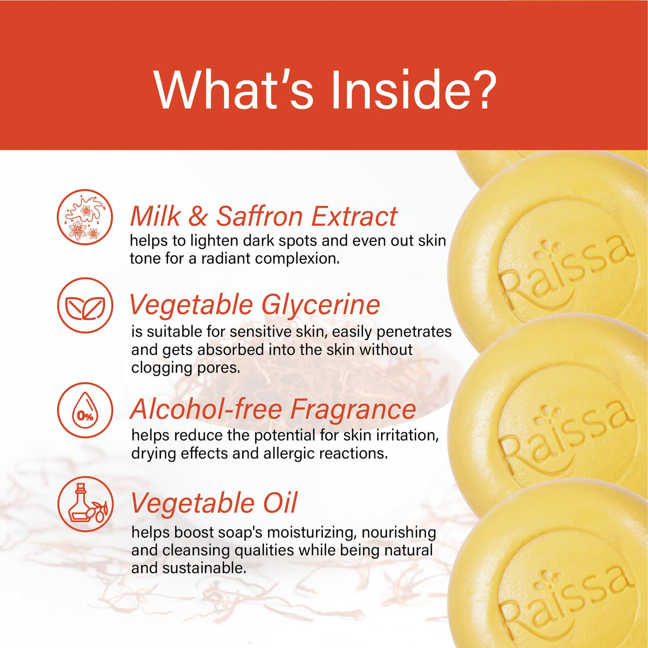Raissa Milk & Saffron Premium Soap, 85g (Pack of 8) | Natural Milk & Saffron Extracts | Moisturizing Bathing Bar | Combo Pack for Soft & Glowing Skin | Alcohol-Free Fragrance | No Harsh Chemicals