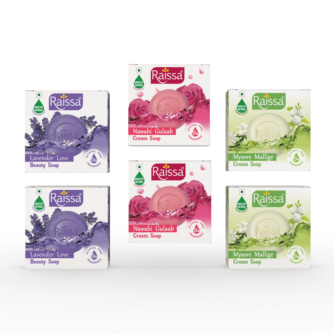 Raissa Bath Soap 85g, (Pack of 6) Nawabi Gulaab, Lavender Love,Mysore Mallige | Alcohol-Free Fragrance | No Harsh Chemicals