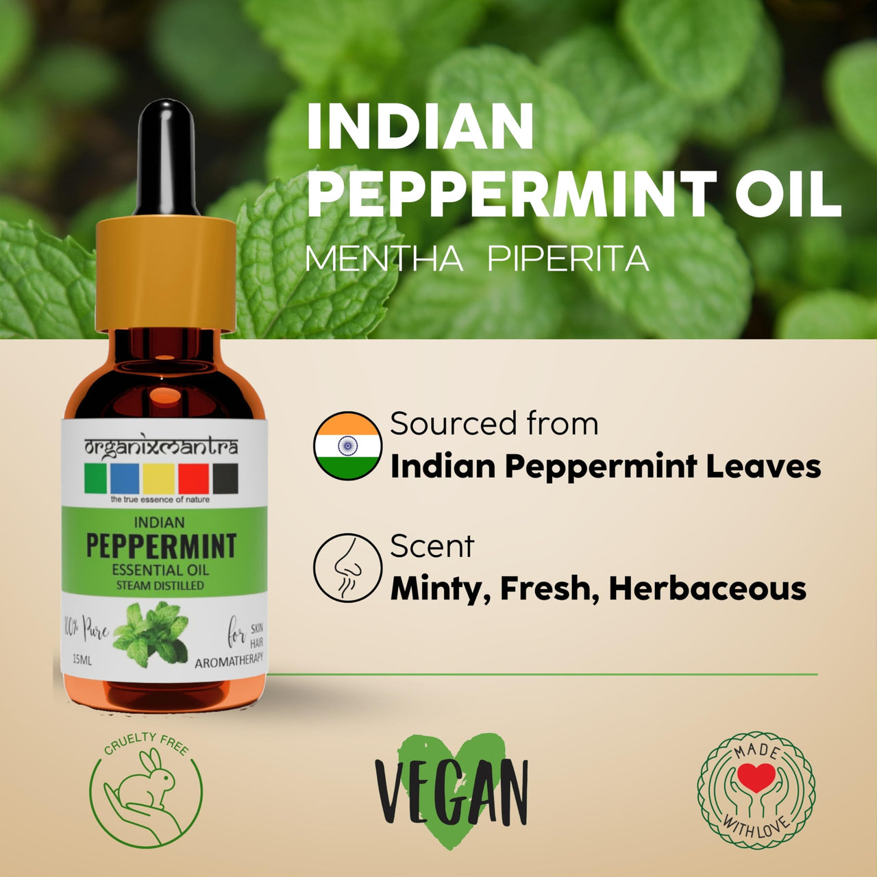 Organix Mantra Peppermint Oil for Skin, Hair, Personal Care & DIY - 100% Natural & Steam Distilled Oil - 15ML