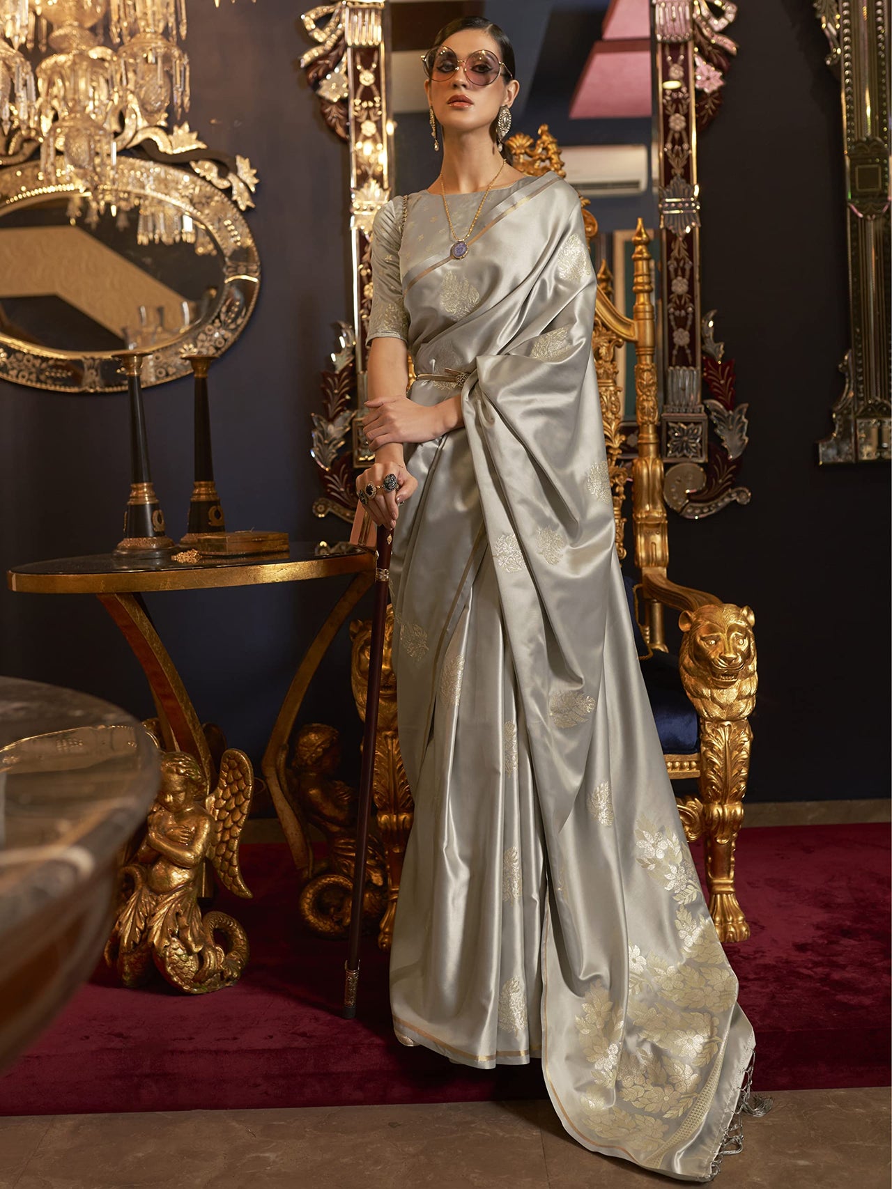 AKHILAM Women's  Banarasi Pure Silk Floral Golden Zari Work Woven Design Border Saree with Unstitched Blouse Piece(KSBLE2240_Parent)