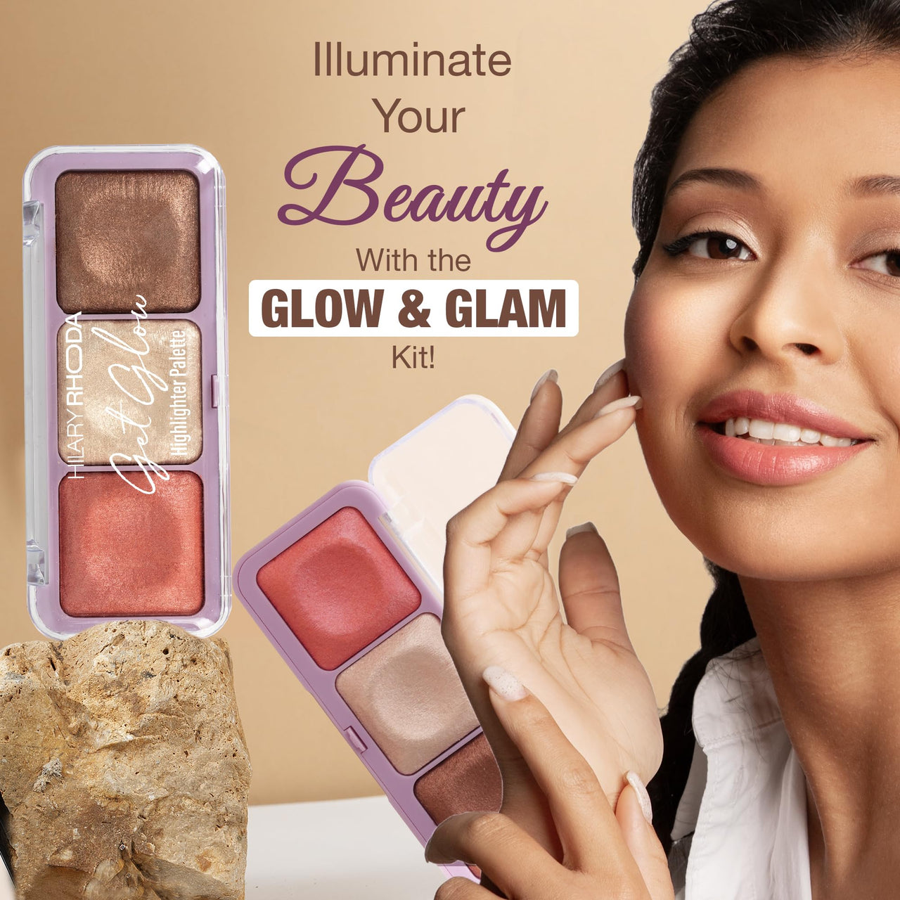 Hilary Rhoda Get Glow Highlighter Palette | Ultra Blendable & Long Lasting | Shimmer Finish & Illuminating Glow | Highly Pigmented & Easy To Blend Shades | 3 Shades in 1 Palette - 15g (Shade - 03)