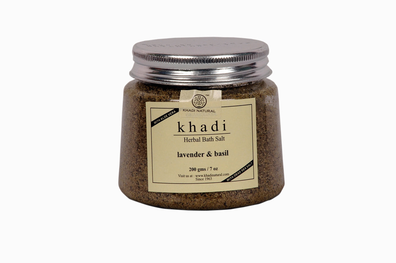 Khadi Natural Ayurvedic Lavender Basil Bath Salt|Antiseptic Properties| Soothes irritated skin|Warm water bath|Relaxes muscles| Suitable for all skin types| 200g