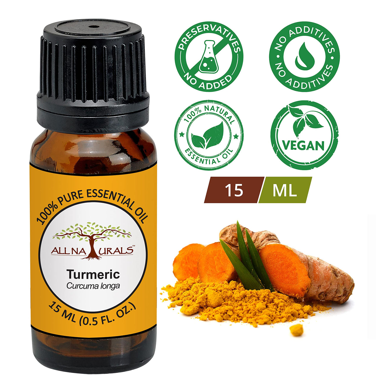 All Naturals Turmeric Essential Oil 100% Pure, Therapeutic Grade for Aging & Itchy Skin, Joints Pain, Acne & Scars - 15 mL
