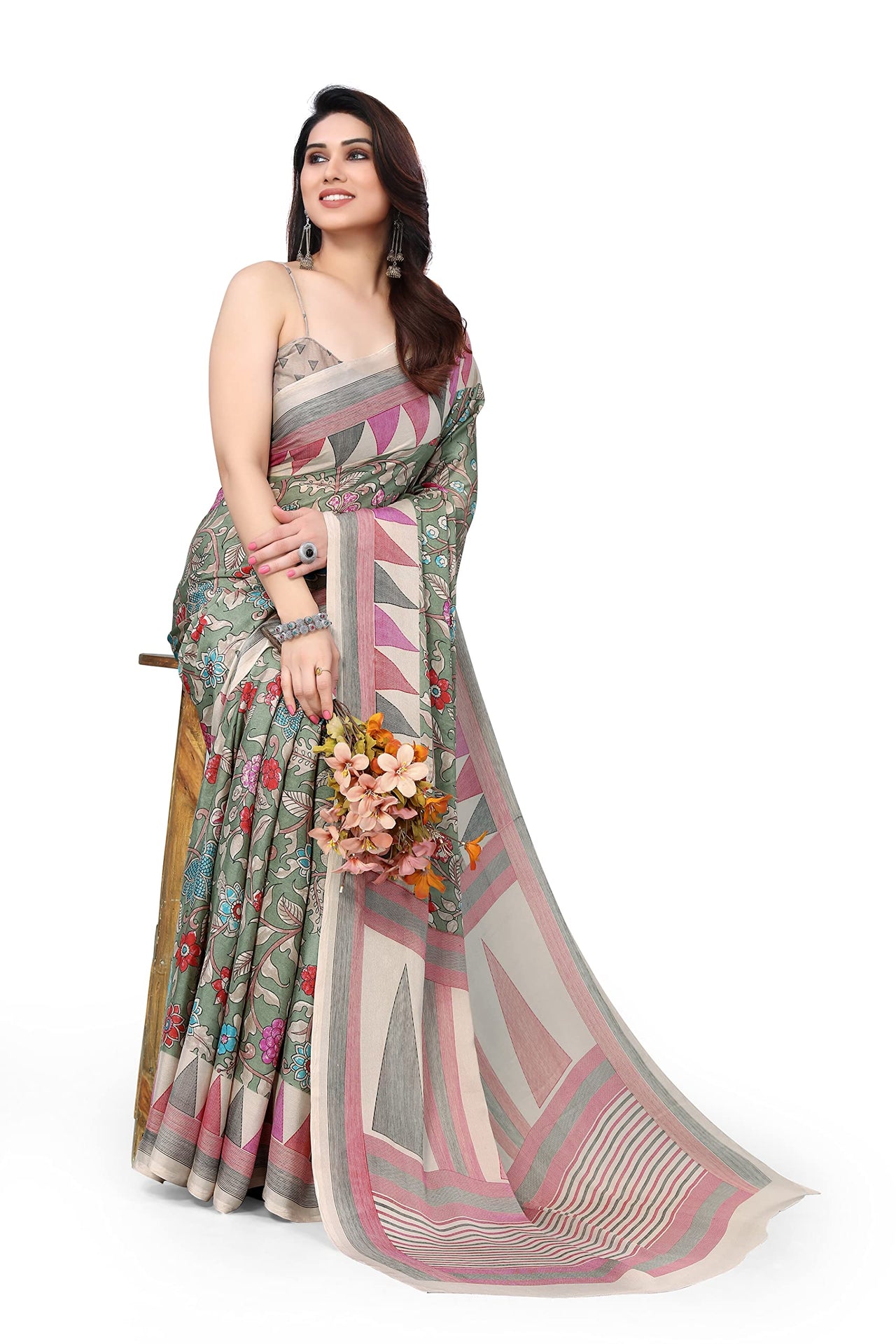 MIRCHI FASHION Women's  Stylish Chiffon Floral and Geometric Printed Saree with Blouse Piece