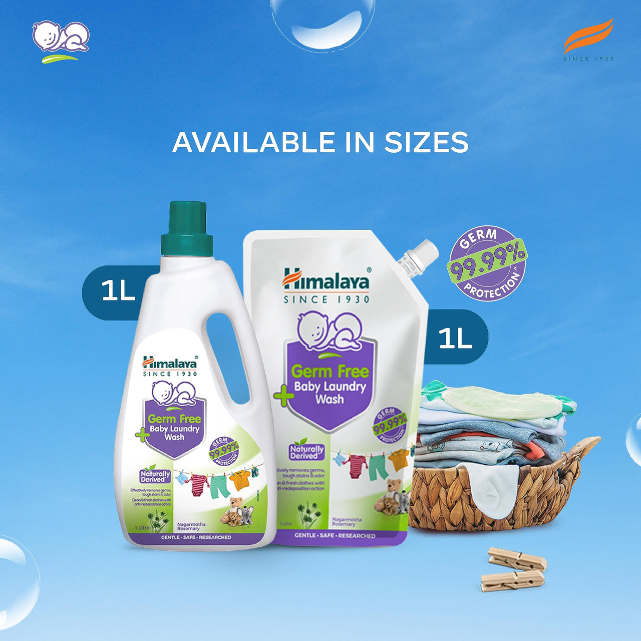 Himalaya Germ Free Baby Laundry Wash 1 L Bottle & Germ Free Baby Laundry Wash Liquid, 1 L Pouch, White, (7004801)