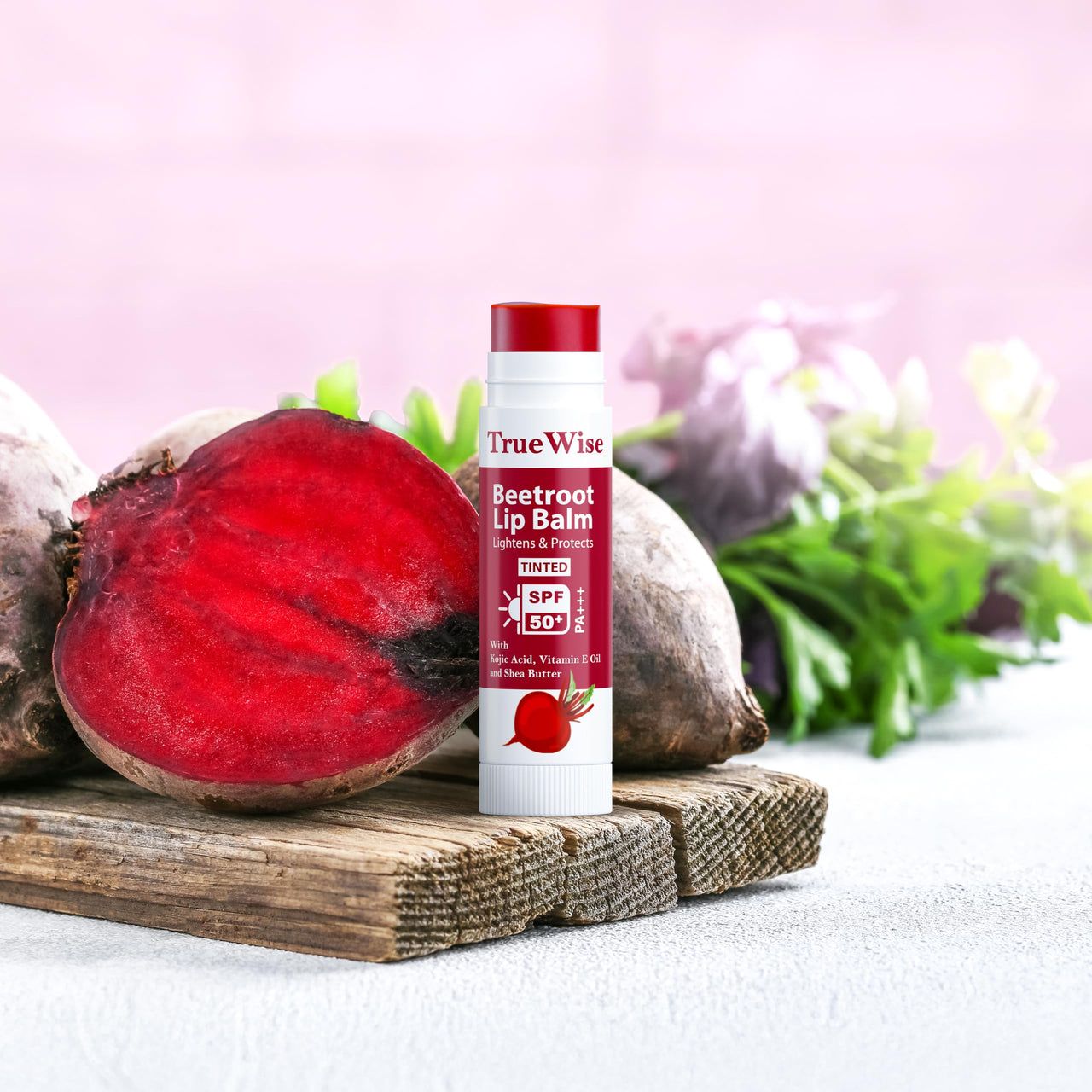 TrueWise® Tinted Lip Balm with SPF 50 PA+++ Brightening Beetroot Lip Balm For Dark Lips With Kojic Acid,Vitamin E, Soft, Glossy Lips- SPF lip balm for Women 5g (Pack Of 2)