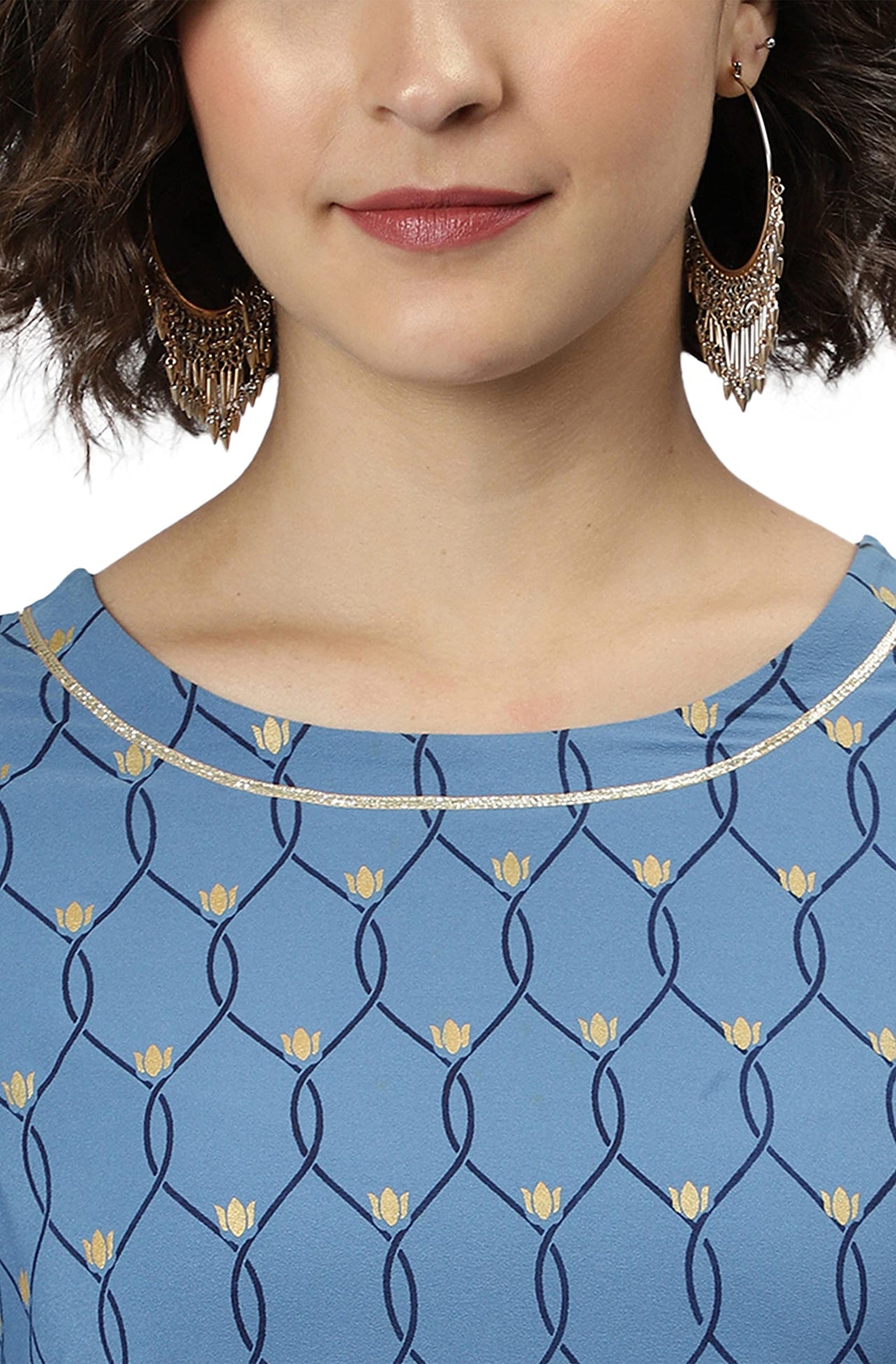 Janasya Women's  Blue Poly Crepe Ethnic Motifs Kurta