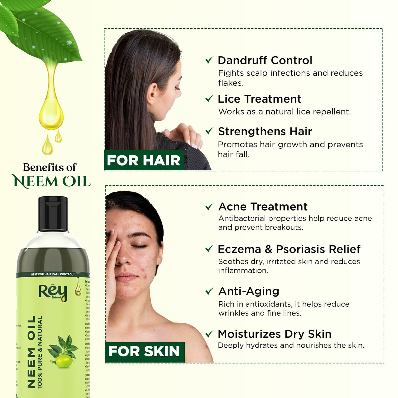 Rey Naturals Cold Pressed Neem Oil For Skin & Hair Growth - 200ml | Pure Neem Oil For Hair Dandruff | Neem Hair Oil For Lice & Nits Removal | Hair Oil Pure For Body Massage & Acne