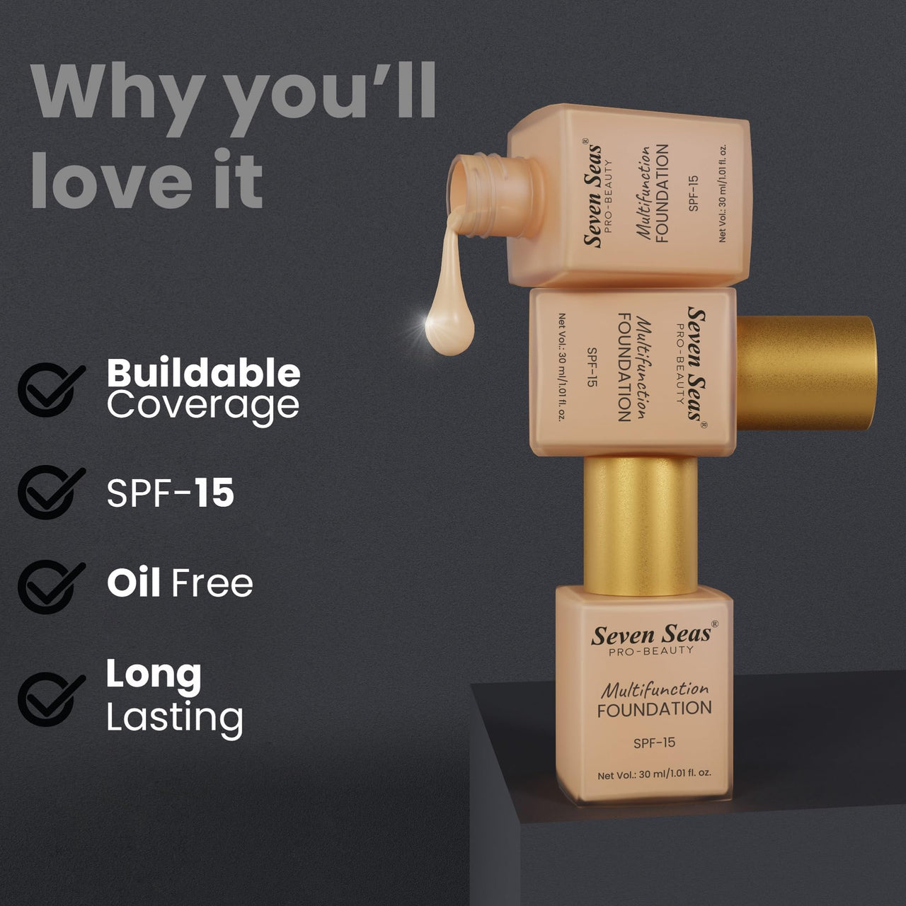 Seven Seas Multifunction Foundation, SPF-15, Oil Free, Buildable Coverage, Long Lasting, (Natural, 30ml)