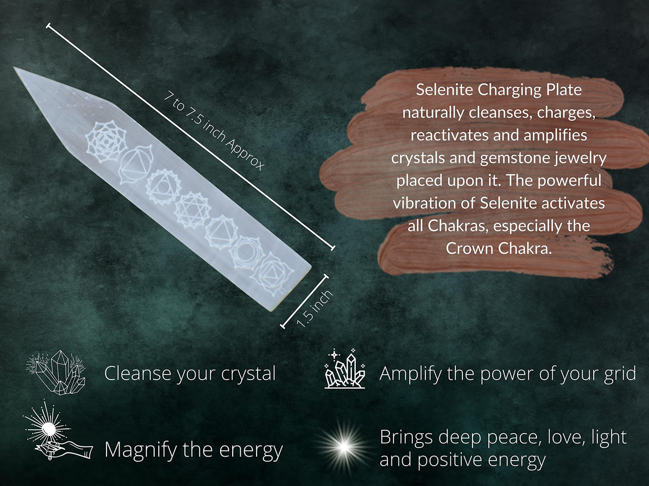 Selenite Crystal Charging Plate For Crystals And Healing Stones, 7.5" Selenite Crystal Plate Engraved Chakra Coaster For Home Office Table Decor (Selenite Pointed Stick) Rectangle Chakra - Pointed