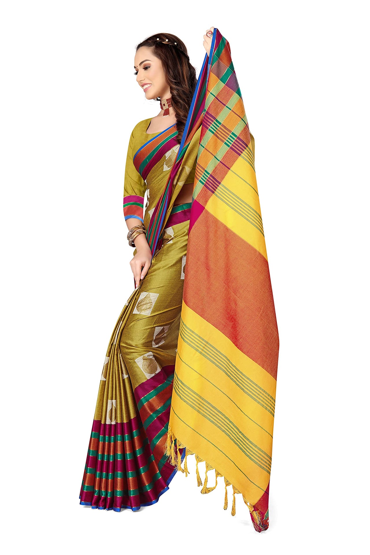 GRECIILOOKS Women's  Art Cotton Silk With Golden Border Printed Soft Silk Saree With Blouse Piece