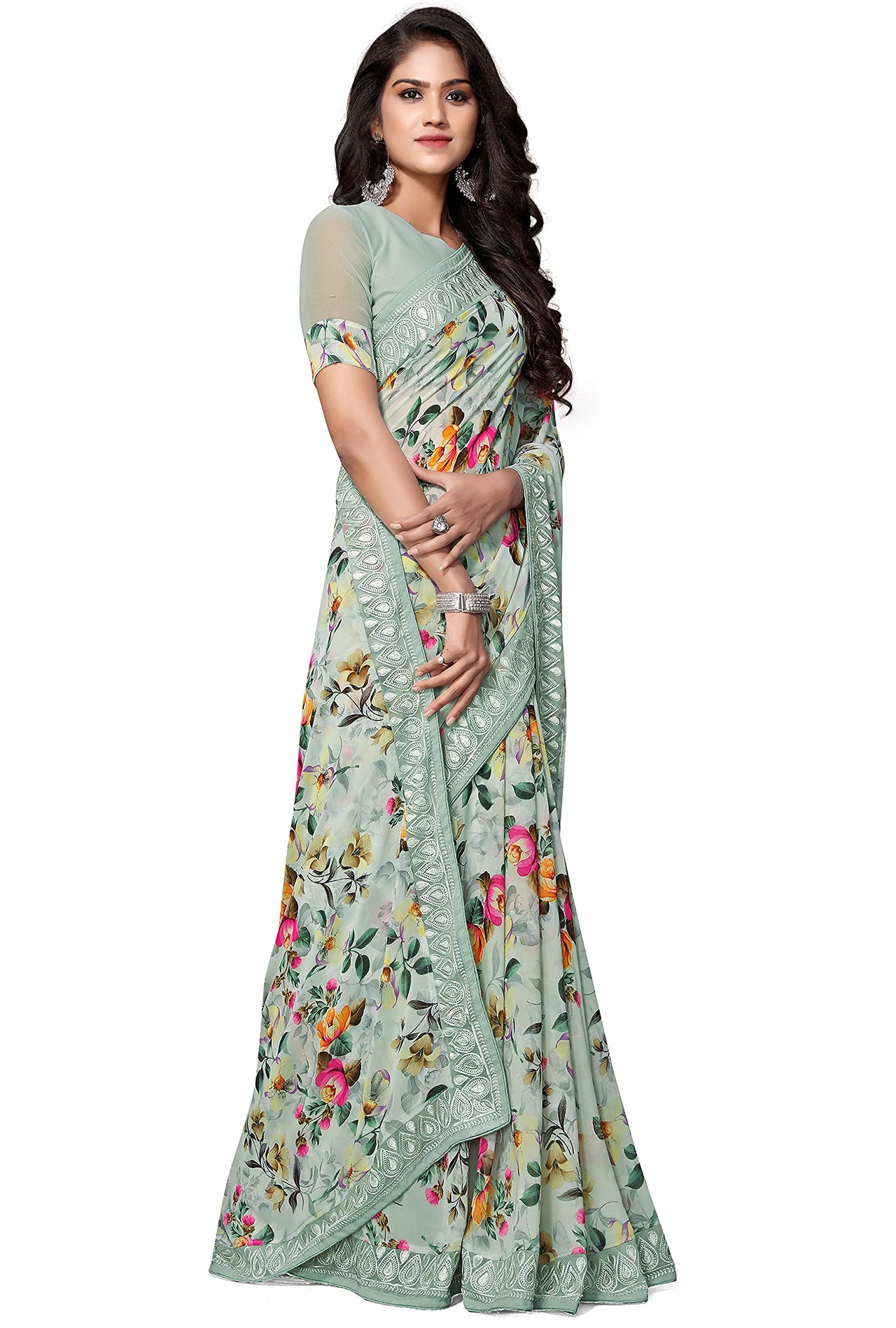 Shangrila Designer Digital Pastel Prints Weightless Georgette Saree With Blouse Piece