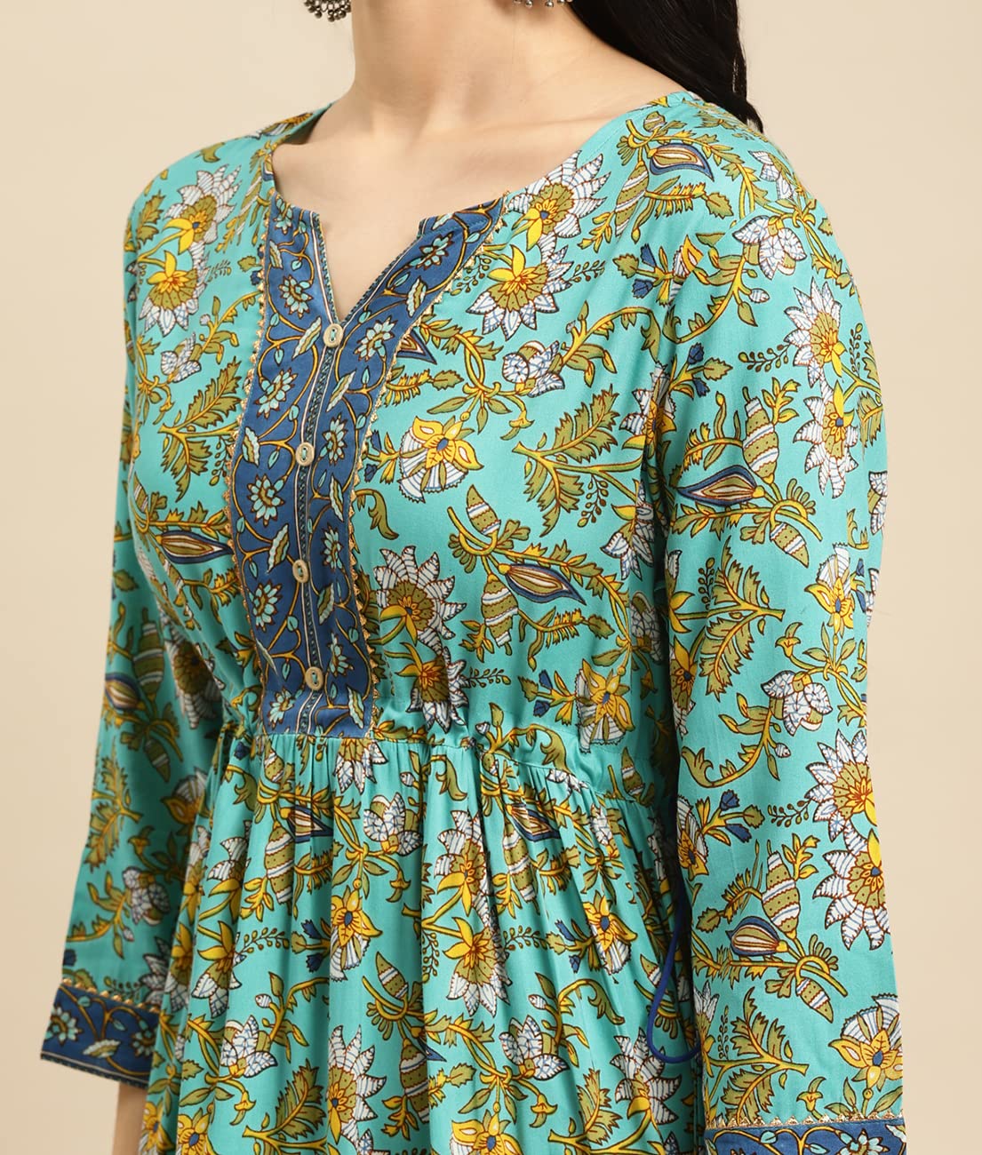 rangita Women Rayon Floral Printed Calf Length Tiered Kurti with Contrast Placket and Side Tie Ups