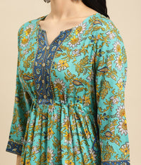 rangita Women Rayon Floral Printed Calf Length Tiered Kurti with Contrast Placket and Side Tie Ups