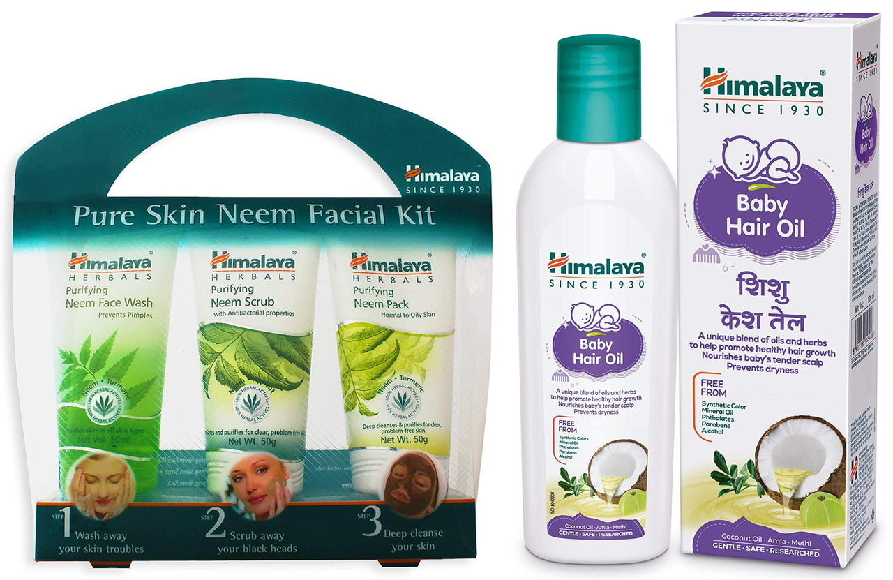 Himalaya Baby Hair Oil 100 ml & Himalaya Pure Skin Neem Facial Kit (Facewash 50ml, Scrub 50g & Face Pack 50g)