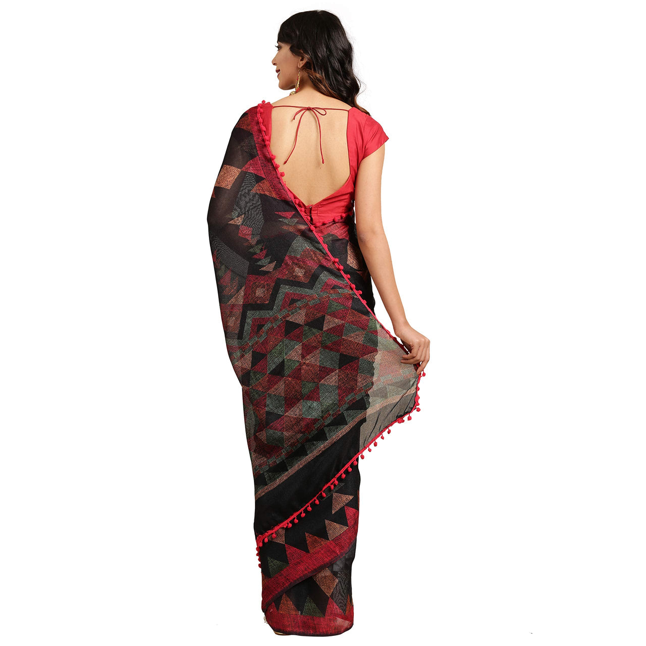 Womanista Women's  Printed Cotton Blend Saree with Pom