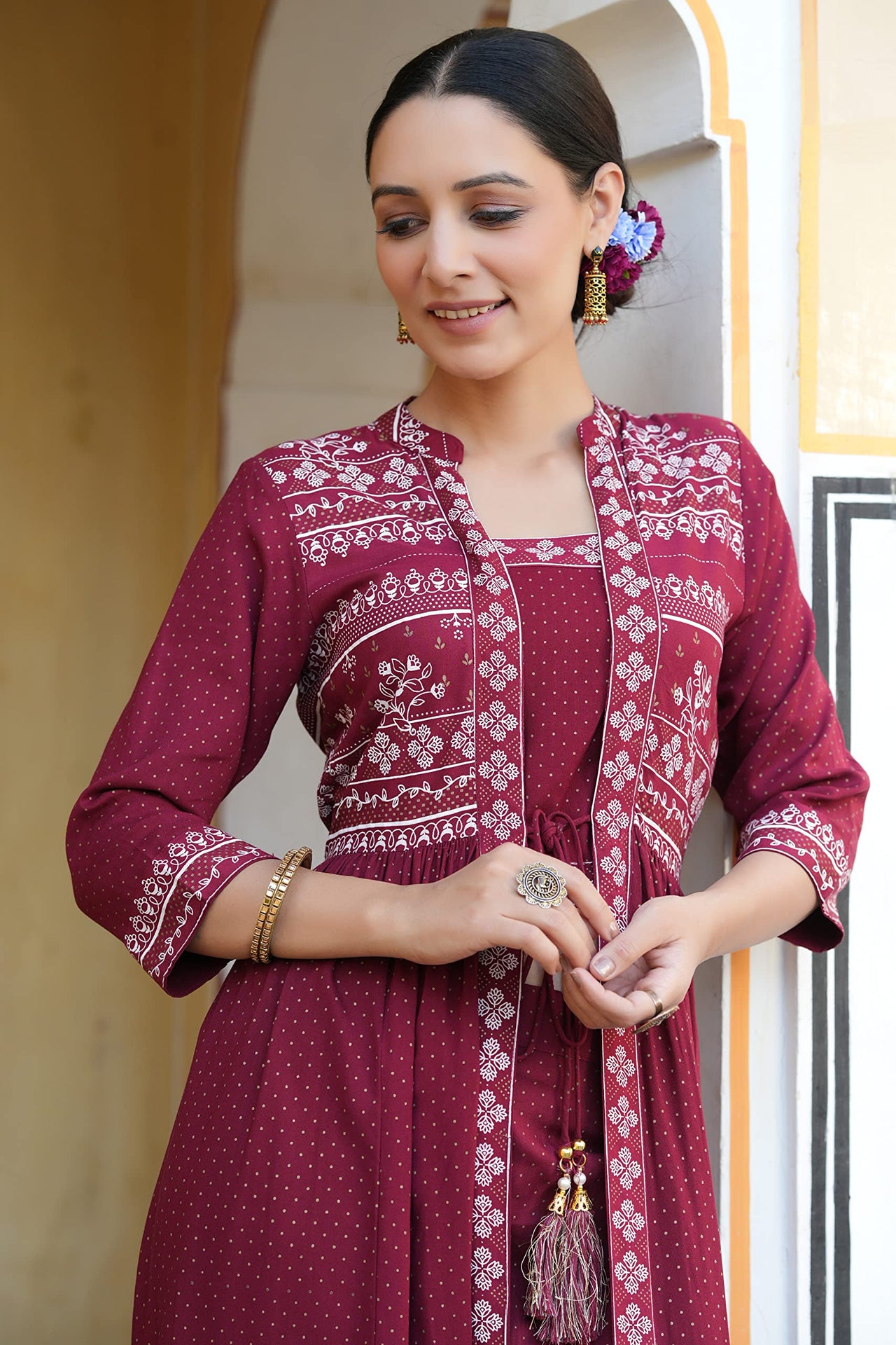 Juniper Maroon Rayon Printed Jacket Style Kurta Pant Set