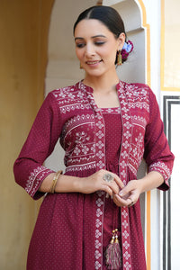 Juniper Maroon Rayon Printed Jacket Style Kurta Pant Set