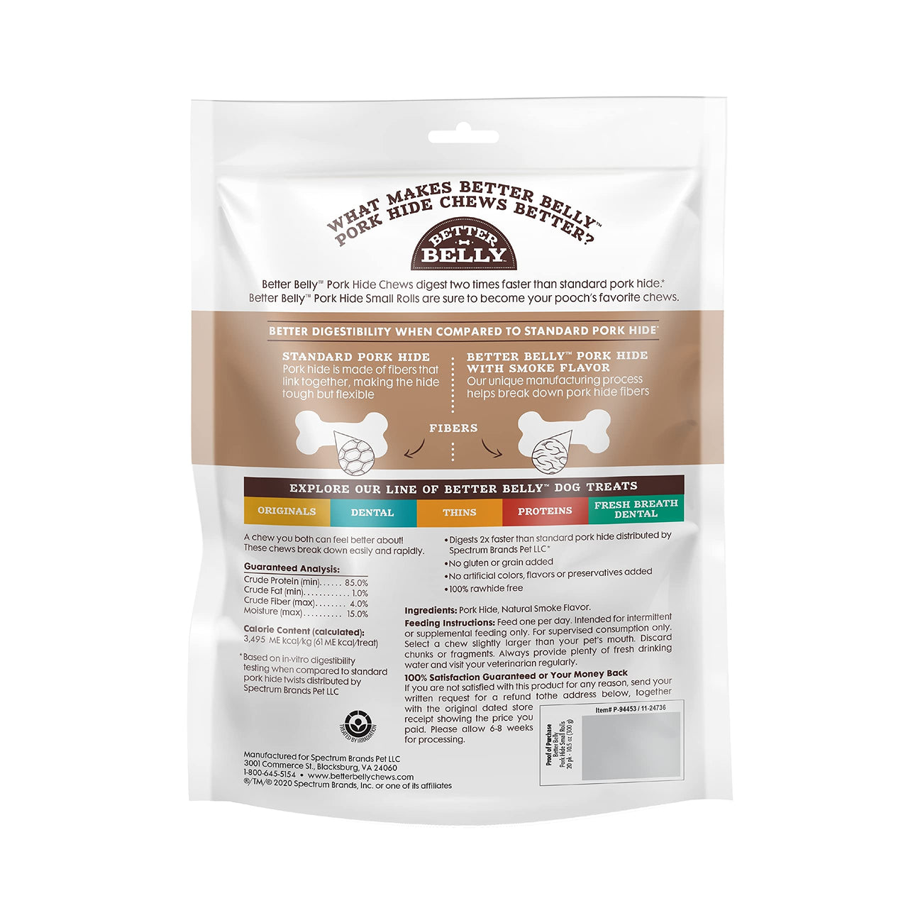 Better Belly Pork Hide Rolls with Smoke Flavor Small, 20 Count, Digestible Pork Hide for Dogs (P-94453)