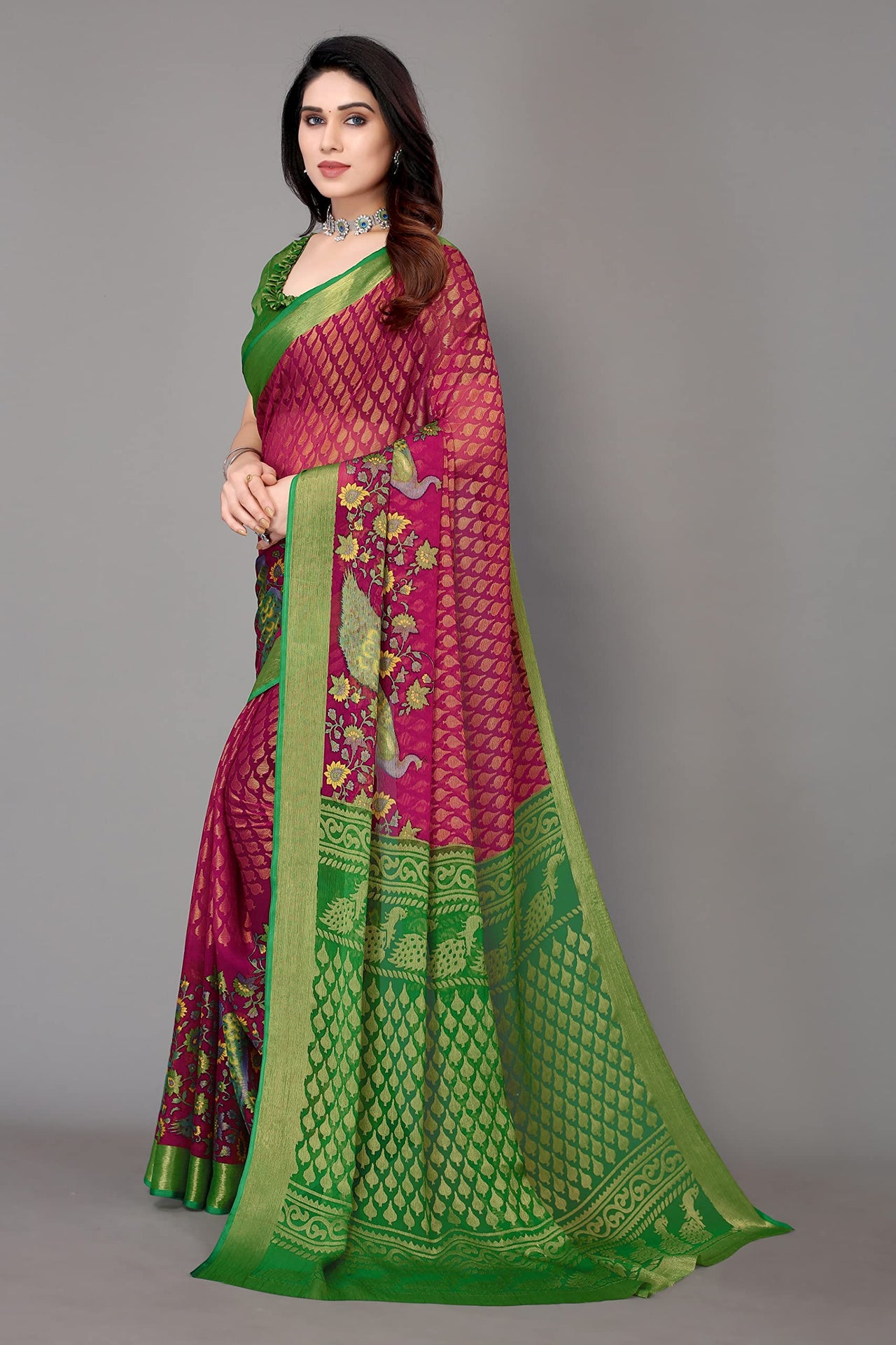 Winza Designer Women's  Chiffon Brasso Floral Printed Saree with Blouse Piece