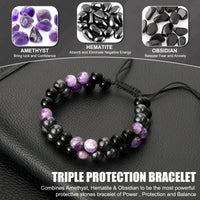 Triple Protection Bracelet for Women, Handmade Bracelet for Men Genuine Amethyst Black Obsidian Hematite 8mm Healing Crystal Bracelets Bring Luck Prosperity Happiness
