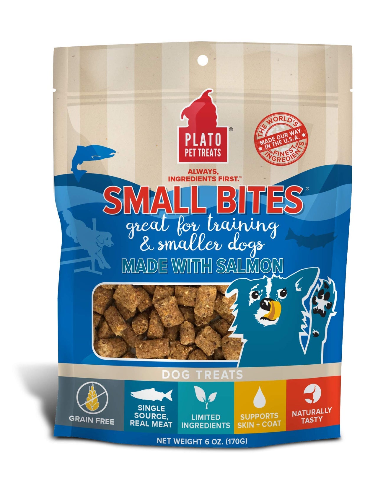 PLATO Small Bites Dog Treats, Natural Bite Sized Real Meat & Salmon Flavor, Grain Free & High in Protein, Air Dried Authentic Ingredients, 2 Calories Per Treat, Made in the USA, 6 Ounces 6 Ounce (Pack of 1)