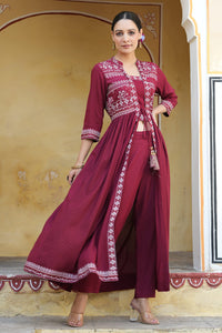 Juniper Maroon Rayon Printed Jacket Style Kurta Pant Set