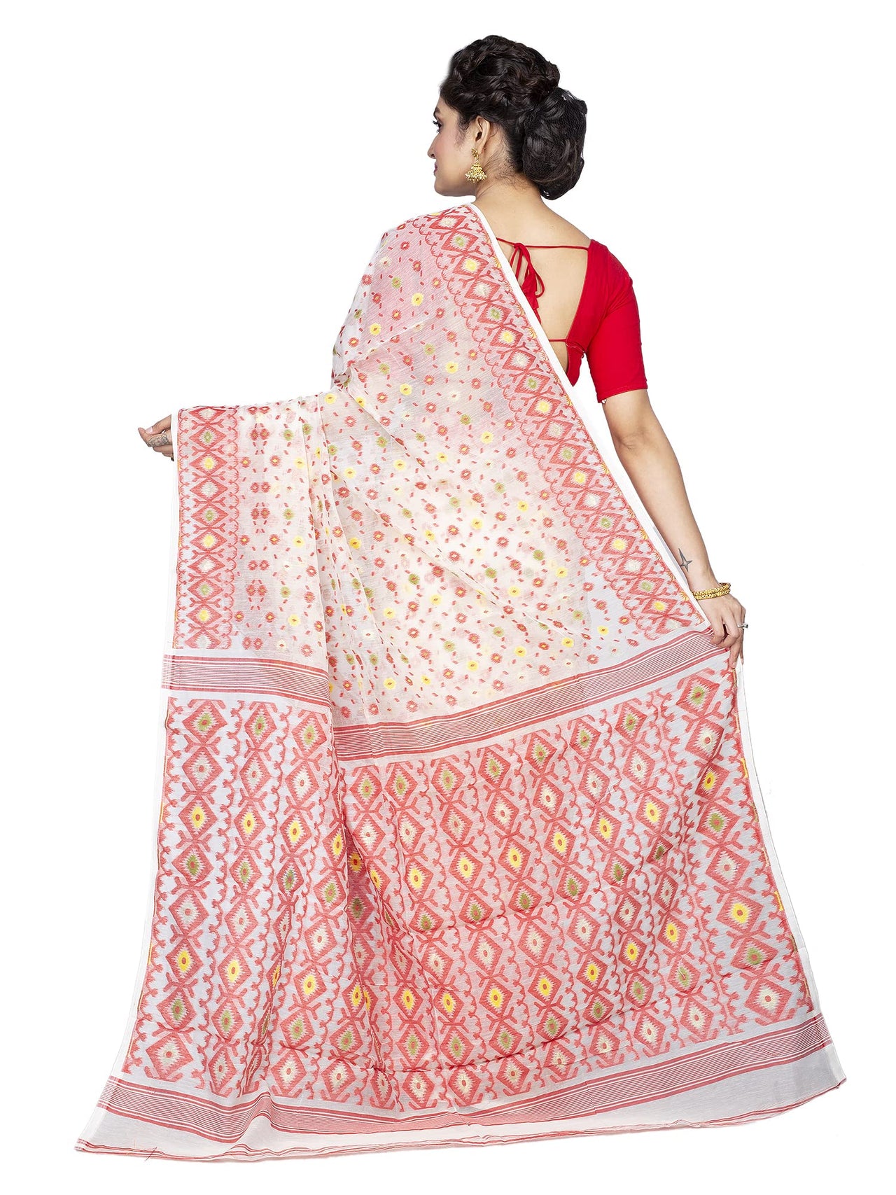 T.J. SAREES Women's  Jamdani Silk Blend Saree Without Blouse Piece