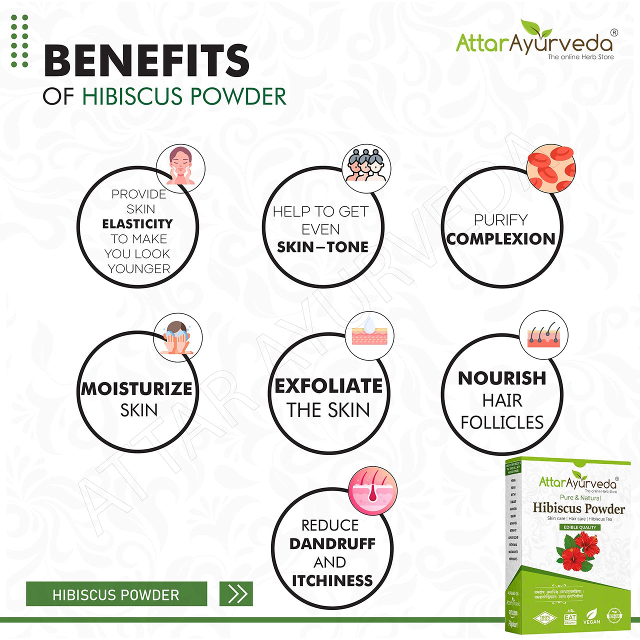 Attar Ayurveda Hibiscus powder for hair growth (100 Grams) | Ideal for Hair pack, Face pack, Eating, and Hibiscus tea | Gudhal Ka Phool Powder | 100% Pure and Natural, No Preservatives