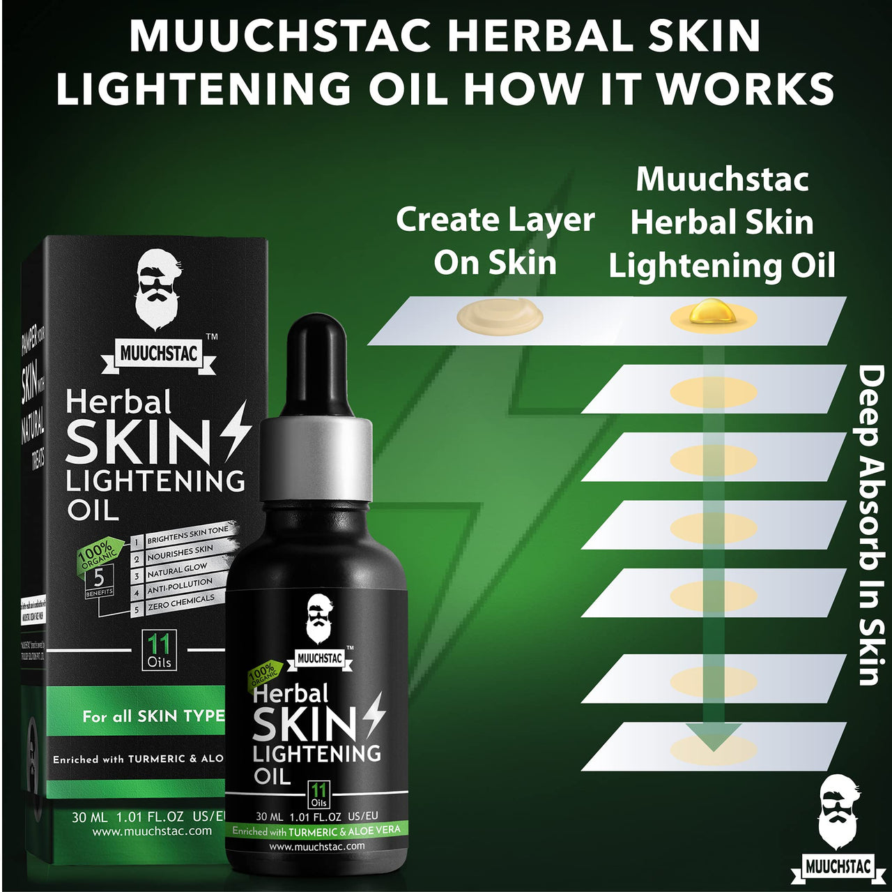 Muuchstac Herbal Skin Lightening Face Oil for Men | Bright & Even Skin Tone, Deeply Hydrates & Nourishes Skin, Promotes Healthy Skin Glow | 30 ml